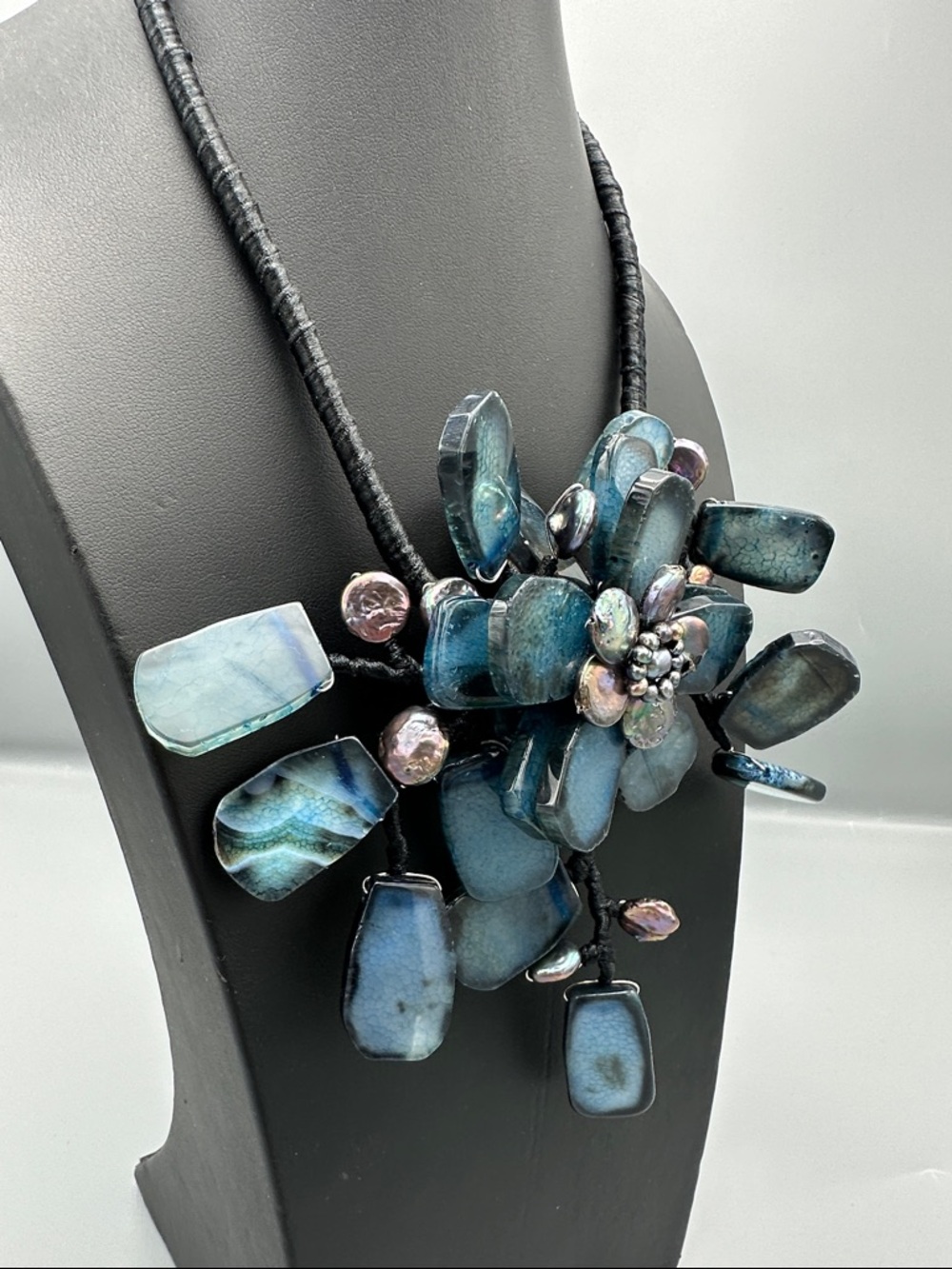 Handcrafted Blue Floral Statement Necklace - with genuine pearl & stone - Picture 2 of 3